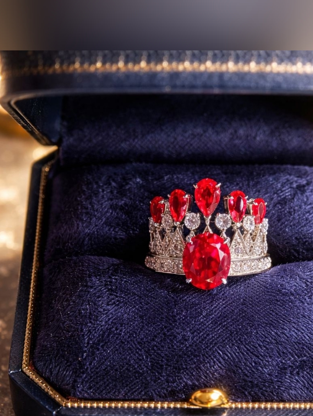 Crown-Style Women’s Ring with Red Gemstones
